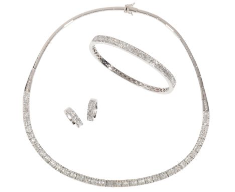 A DIAMOND AND WHITE GOLD ARTICULATED NECKLACE 43cm long, with ensuite bangle and hoop ear studs, (c.37.2grams total weight)