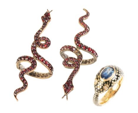 AN ENAMEL AND SAPPHIRE STYLISED SNAKE RING set with a sapphire head and diamond eyes, ring size M; together with two paste sn