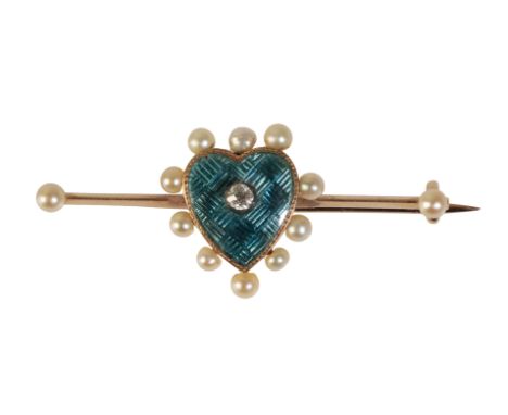 AN ENAMEL, DIAMOND AND SEED PEARL BAR BROOCH the central diamond in a heart-shaped enamel setting, surrounded by pearls, set 