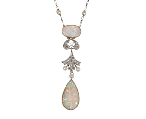 A BELLE EPOQUE OPAL, DIAMOND AND SEED PEARL NECKLACE the pendant drop c.49mm long, attached to an unmarked fine white metal c