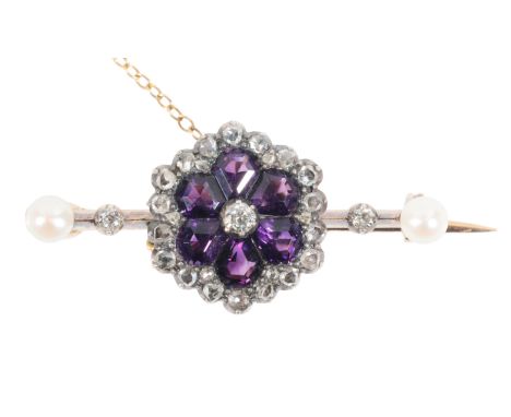 A DIAMOND AND AMETHYST CLUSTER BAR BROOCH with seed pearl terminals and attached safety chain