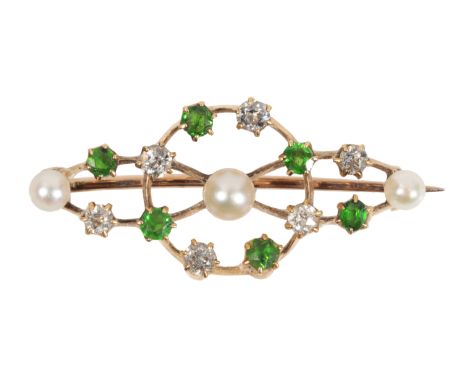 A DIAMOND, GEM STONE AND SEED PEARL BROOCH of openwork form, set on unmarked yellow metal, 30mm long