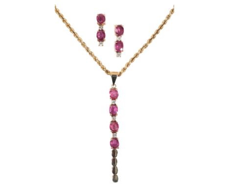 A RUBY AND DIAMOND PENDANT NECKLACE AND EARRINGS the pendant attached to a gold rope chain stamped "750"; together with a pai