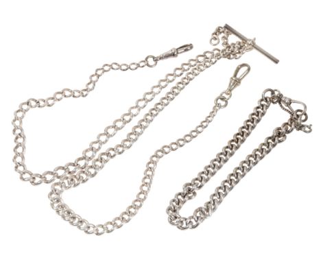 A SILVER FOB CHAIN with attached T-bar; together with a silver chain link fob bracelet (c.67.9grams) (2)