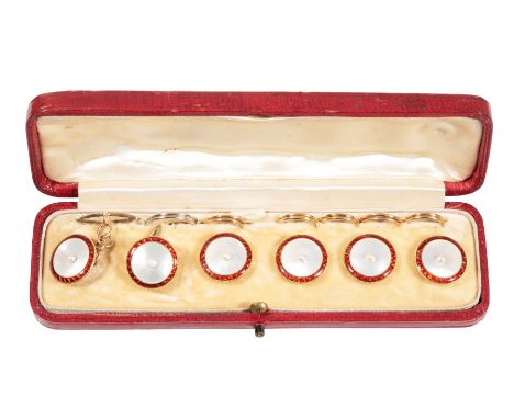 A SET OF MOTHER OF PEARL CUFFLINKS AND MATCHING DRESS STUDS the pair of cufflinks with chain connections, together with a set