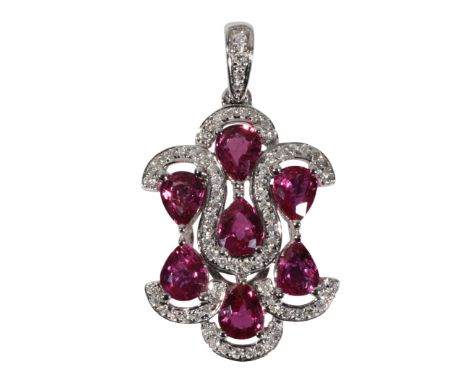 A 'RUBY' AND DIAMOND PENDANT the rubies (not tested), held within scrolls of pave-set diamonds, the diamond-set suspension lo
