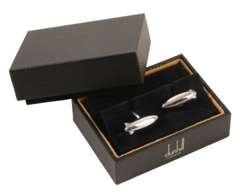 DUNHILL: A PAIR OF GENTLEMAN'S SILVER CUFFLINKS of airship form, in a fitted presentation case and outer card case