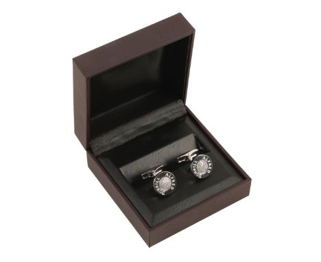 DUNHILL: A PAIR OF GENTLEMAN'S SILVER CUFFLINKS with curved solid bar connections, in a fitted presentation case