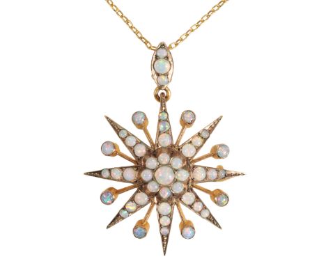 AN OPAL STARBURST BROOCH/PENDANT NECKLACE the brooch/pendant set on unmarked yellow metal, 3cm diameter, with opal set suspen