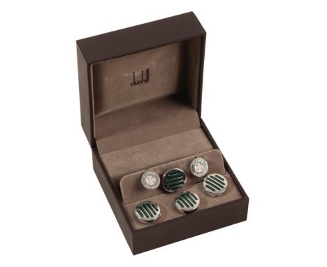 DUNHILL: A PAIR OF GENTLEMAN'S SILVER CUFFLINKS together with a set of four dress clips, the cufflinks in a fitted presentati