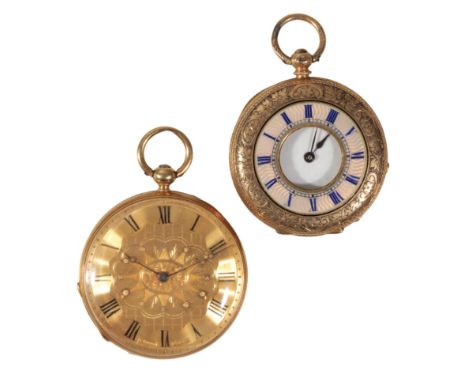 AN 18CT GOLD AND ENAMEL FOB WATCH with key wind movement, the white enamel dial with black Roman numerals and dark blue steel