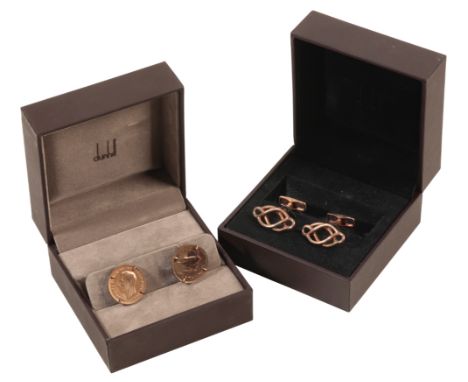 DUNHILL: A PAIR OF GENTLEMANS SILVER GILT CUFFLINKS together with a pair of farthing cufflinks dated "1949", both pairs in fi