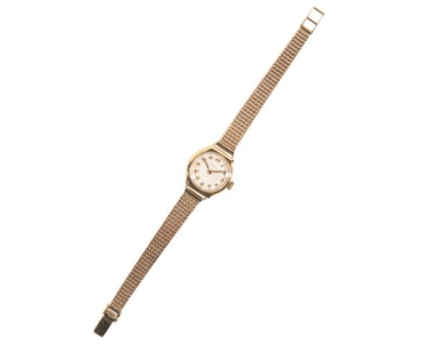 MAPPIN: A LADY'S 9CT GOLD BRACELET WATCH with manual wind movement, the white dial with gold Arabic numerals and gold hands, 