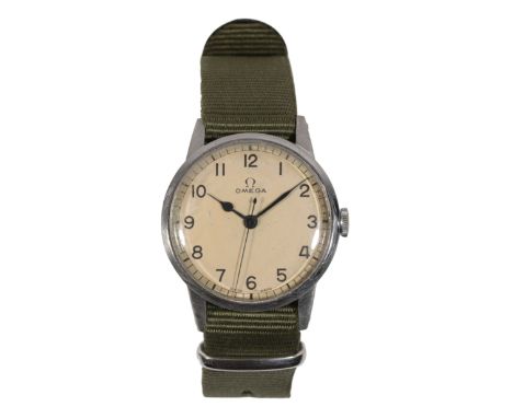OMEGA: A GENTLEMAN'S MILITARY STAINLESS STEEL WRISTWATCH with manual wind movement, the cream dial with black Arabic numerals