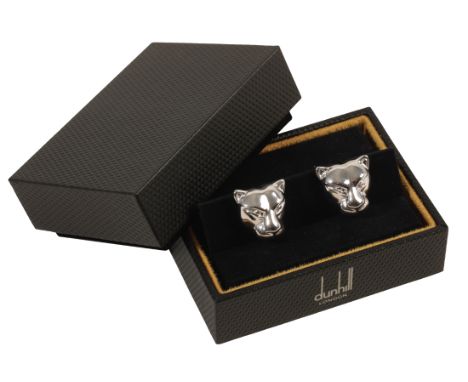 DUNHILL: A PAIR OF GENTLEMAN'S SILVER CUFFLINKS of leopard head form, in a fitted presentation case