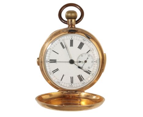 A GENTLEMAN'S 18CT GOLD FULL HUNTER  POCKET WATCH with keyless wind movement, the white enamel dial with black Roman numerals