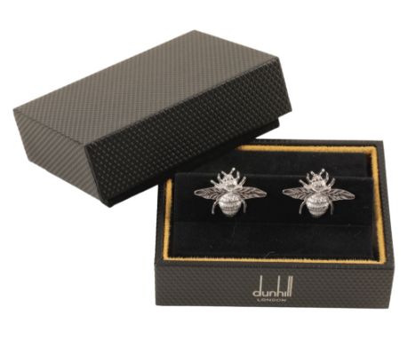 DUNHILL: A PAIR OF GENTLEMANS SILVER CUFFLINKS of bee form, in a fitted presentation case
