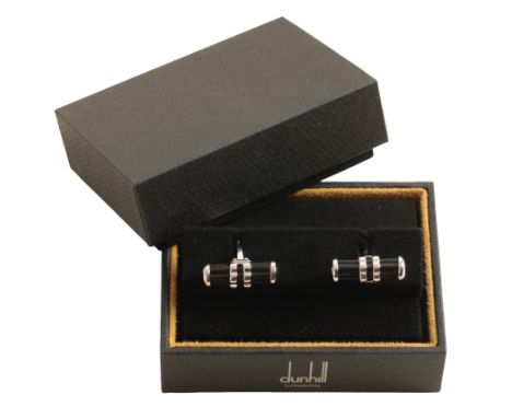 DUNHILL: A PAIR OF GENTLEMAN'S SILVER CUFFLINKS with curved bar connections, in a fitted presentation case