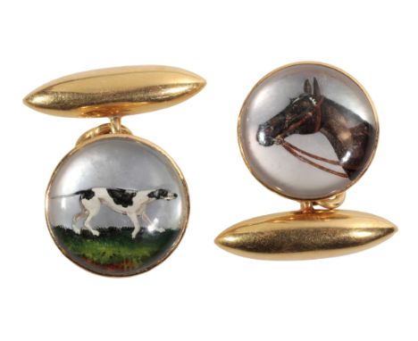A PAIR OF GENTLEMANS ESSEX CRYSTAL REVERSE INTAGLIO CUFFLINKS one with horse's head, the other with a black and white pointer