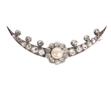 A VICTORIAN DIAMOND AND CULTURED PEARL CRESCENT BROOCH set in unmarked white and yellow metal, 45mm long, (c. 4.5grams includ