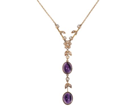AN AMETHYST AND SEED PEARL PENDANT/NECKLACE attached to a fine 9K gold chain, 41cm long