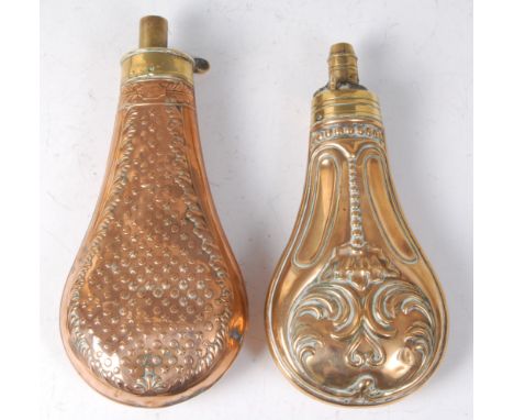 A James Dixon & Sons brass and copper powder flask, having embossed circle and star decoration within acanthus leaf borders, 