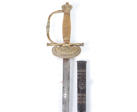 A William IV court sword, the 79cm steel blade etched with a crowned cypher within foliage, having a clam shaped languet with
