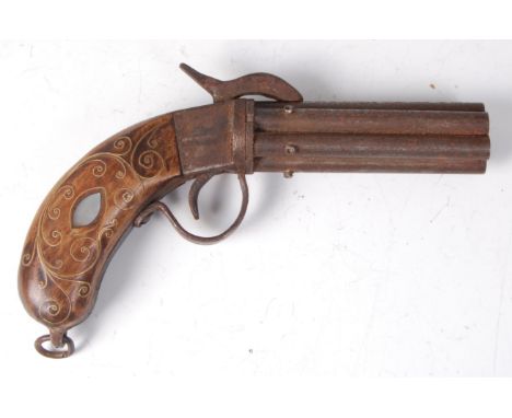A late 19th century Continental model of a six-shot pepperbox revolver, having a hammer action and brass wire inlaid grip, 21