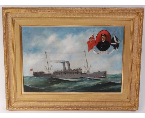 Alfred Jansen, (1859-1935,) S.S. Brussels at full steam, with portrait vignette of Captain Fryatt with ribbon below "Capt Cha