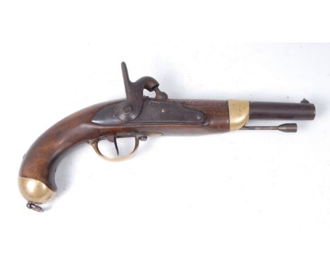 A French model 1842 pistol, having a 20cm barrel with ram rod below, the lock stamped Mre. Imp. ale de Mutzig, the walnut sto