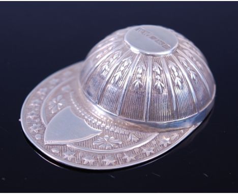 A novelty silver tea caddy spoon in the form of a jockey's cap, having a vacant cartouche to the peak, Whitehill Silver & Pla