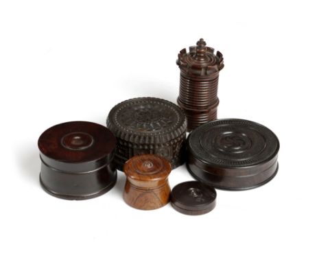 λ A SMALL COLLECTION OF TREEN BOXES 19TH CENTURY comprising: a rosewood cylindrical travelling inkwell in the shape of a cast