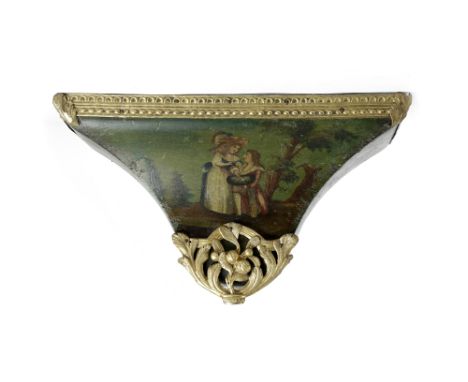 A CONTINENTAL PAINTED WOOD AND ORMOLU MOUNTED CLOCK BRACKET PROBABLY SWISS, NEUCHATEL, LATE 18TH / EARLY 19TH CENTURY decorat