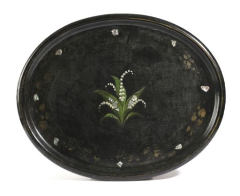 A VICTORIAN PAPIER-MACHE OVAL TRAY C.1850 inlaid with mother of pearl, the centre painted with lily of the valley 60.5 x 75cm