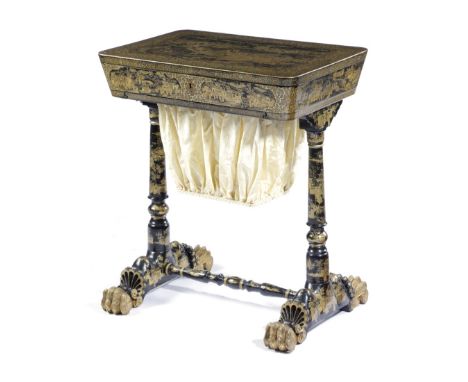 A CHINESE EXPORT LACQUER WORK TABLE EARLY 19TH CENTURY gilt decorated on a black ground with figures in various pursuits, wit