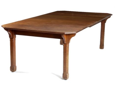 A LATE VICTORIAN WALNUT 'GOTHIC' EXTENDING DINING TABLE BY GILLOWS IN THE MANNER OF PUGIN, C.1880 the moulded edge top with c