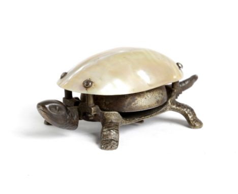 A NOVELTY CAST METAL AND MOTHER OF PEARL TORTOISE TABLE BELL EARLY 20TH CENTURY with a clockwork mechanism 15cm long