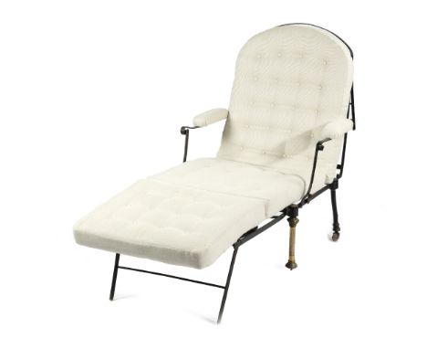 A BLACK PAINTED STEEL AND BRASS CAMPAIGN FOLDING BED / ARMCHAIR 19TH CENTURY of slatted from, on turned supports and ceramic 
