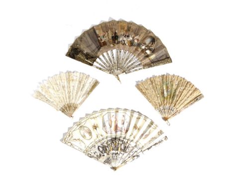FOUR FANS 18TH CENTURY AND LATER comprising: two lace examples, with mother of pearl sticks and guards, the centre of one dec