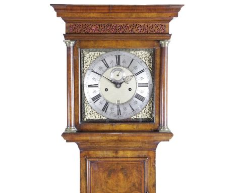 A QUEEN ANNE WALNUT LONGCASE CLOCK BY SAMUEL WATSON LONDON the brass month going movement with six turned and finned pillars,