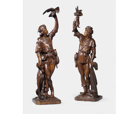 A FINE PAIR OF ITALIAN CARVED WALNUT FIGURES OF YOUNG HUNTSMEN ATTRIBUTED TO VALENTINO PANCIERA BESAREL (ITALIAN 1829-1902), 