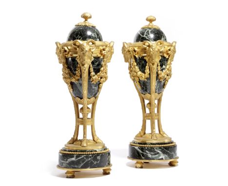 A PAIR OF FRENCH ORMOLU AND VERDE ANTICO MARBLE CASOLETTES IN LOUIS XVI STYLE, LATE 19TH CENTURY each in the form of an athen