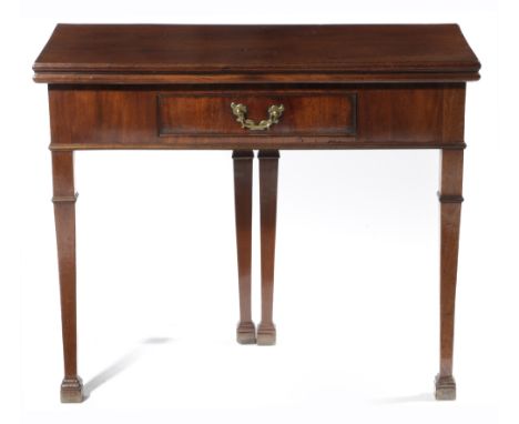 A GEORGE III MAHOGANY CARD TABLE C.1770 the fold-over top with a moulded edge, revealing a baize lined playing surface suppor