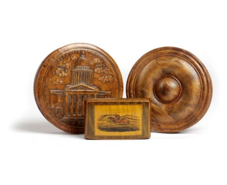 A FRENCH PRESSED MAPLE SNUFF BOX EARLY 19TH CENTURY the lid decorated with the French Pantheon, titled, together with a small