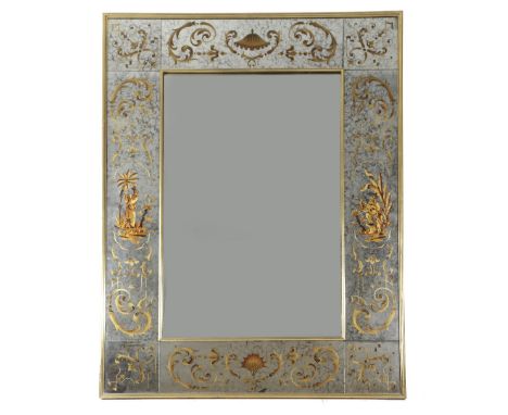 A FRENCH VERRE EGLOMISE WALL MIRROR ATTRIBUTED TO MAX INGRAND (FRENCH 1908-1969), C.1950 with a rectangular central plate wit