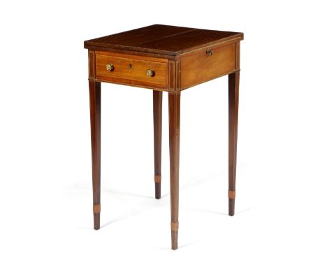 A VICTORIAN MAHOGANY PATIENCE TABLE LATE 19TH CENTURY inlaid with barber's pole and feather stringing, the twin hinged top re