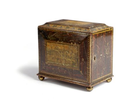 A SMALL REGENCY PENWORK AND SIMULATED ROSEWOOD TABLE CABINET EARLY 19TH CENTURY the top with a printed view of Margate pier, 