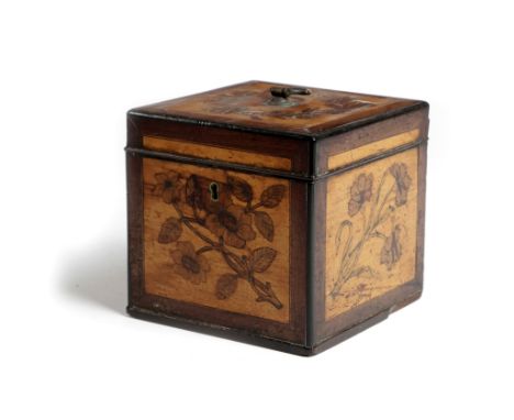 A GEORGE III SATINWOOD AND MARQUETRY CUBE TEA CADDY LATE 18TH CENTURY inlaid with four panels of floral sprays, the lid with 