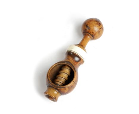 A TREEN MAPLE NUTCRACKER POSSIBLY FRENCH, MID-19TH CENTURY with a screw-action, a ball handle and a bone collar, stamped 'Sou