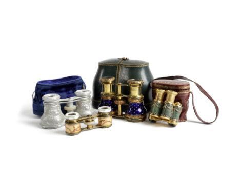 FOUR FRENCH PAIRS OF OPERA GLASSES 19TH / EARLY 20TH CENTURY comprising: a shagreen and gilt brass pair in a leather case, ma